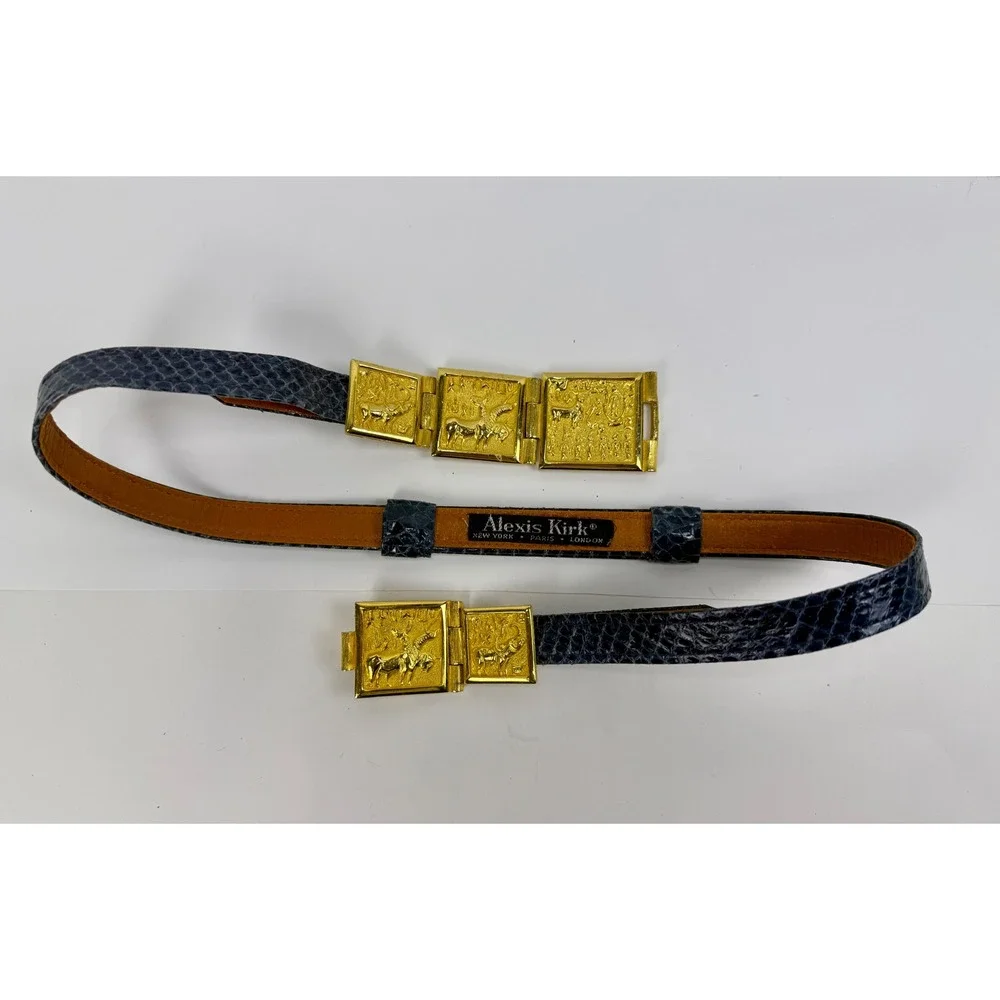 Alexis Kirk Vintage 90's Blue Snakeskin Leather Belt Egyptian Link Adjustable